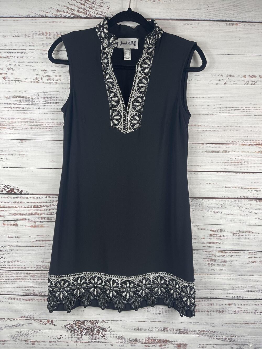 Joseph Ribkoff Dress Women's 4 Black Sleeveless V Neck Lace Trim Scalloped Hem